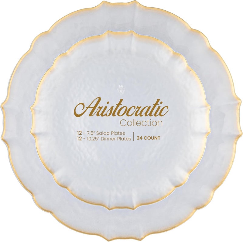 PLASTICPRO 96 Piece Clear WithGold Rim Aristocratic Combo Plastic Dinner Plates Disposable Plastic Fancy Heavy Duty Party Dishes 48, 7'' inch and 48, 10'' inch, Clear With Gold Rim - Image 5