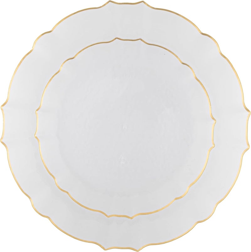 PLASTICPRO 96 Piece Clear WithGold Rim Aristocratic Combo Plastic Dinner Plates Disposable Plastic Fancy Heavy Duty Party Dishes 48, 7'' inch and 48, 10'' inch, Clear With Gold Rim - Image 1