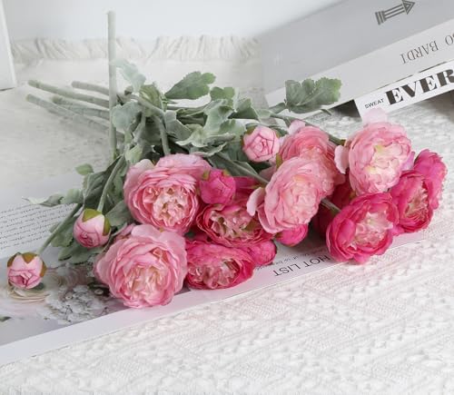 IPOPU Fake Peonies Artificial Ranunculus Flowers 6pcs 18Heads Pink Flowers Combo Hot Pink Silk Flowers 2047 Artificial Flowers Bulk for Faux Floral Arrangements Home Table Decor MultiPink - Image 3