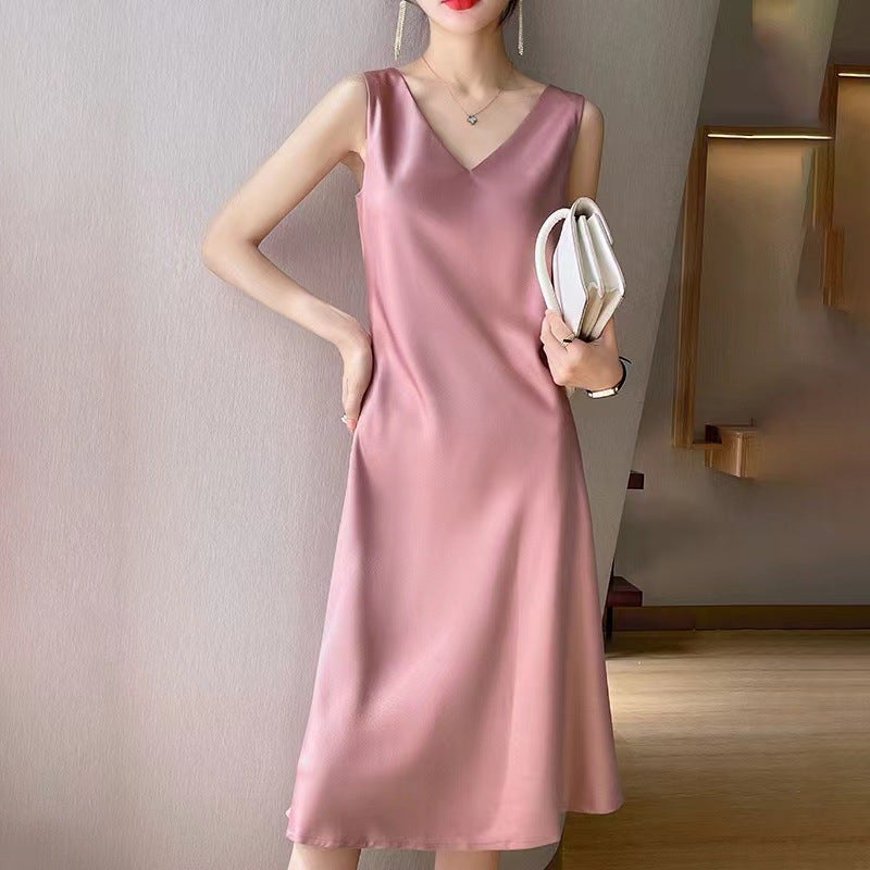 2024 Sleeveless Satin Midi Dress Women Summer Plus Size lotus root color 