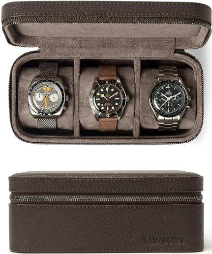 TAWBURY Watch Case - 3 Slot Genuine Top-Grain Leather Watch Travel Case for Men & Women with Metal Zipper and Extra Wide Pillows for Large Watches (Brown) - Image 1