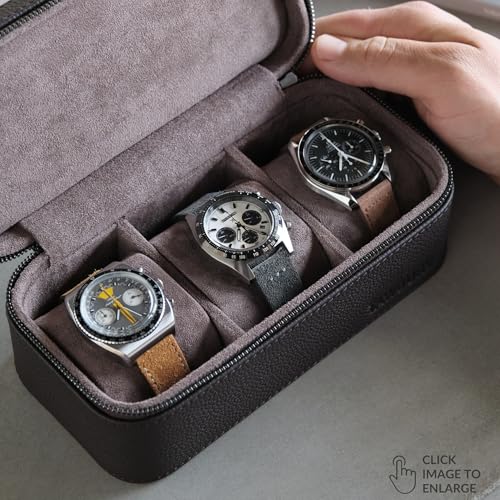 TAWBURY Watch Case - 3 Slot Genuine Top-Grain Leather Watch Travel Case for Men & Women with Metal Zipper and Extra Wide Pillows for Large Watches (Brown) - Image 2