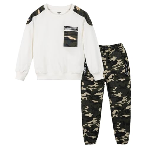 LOLANTA Boys Clothes Casual Camouflage 2 Piece Outfits Kids Long Sleeve Sweatshirt Pants Sets Tracksuit(01#White,6-7) - Image 1