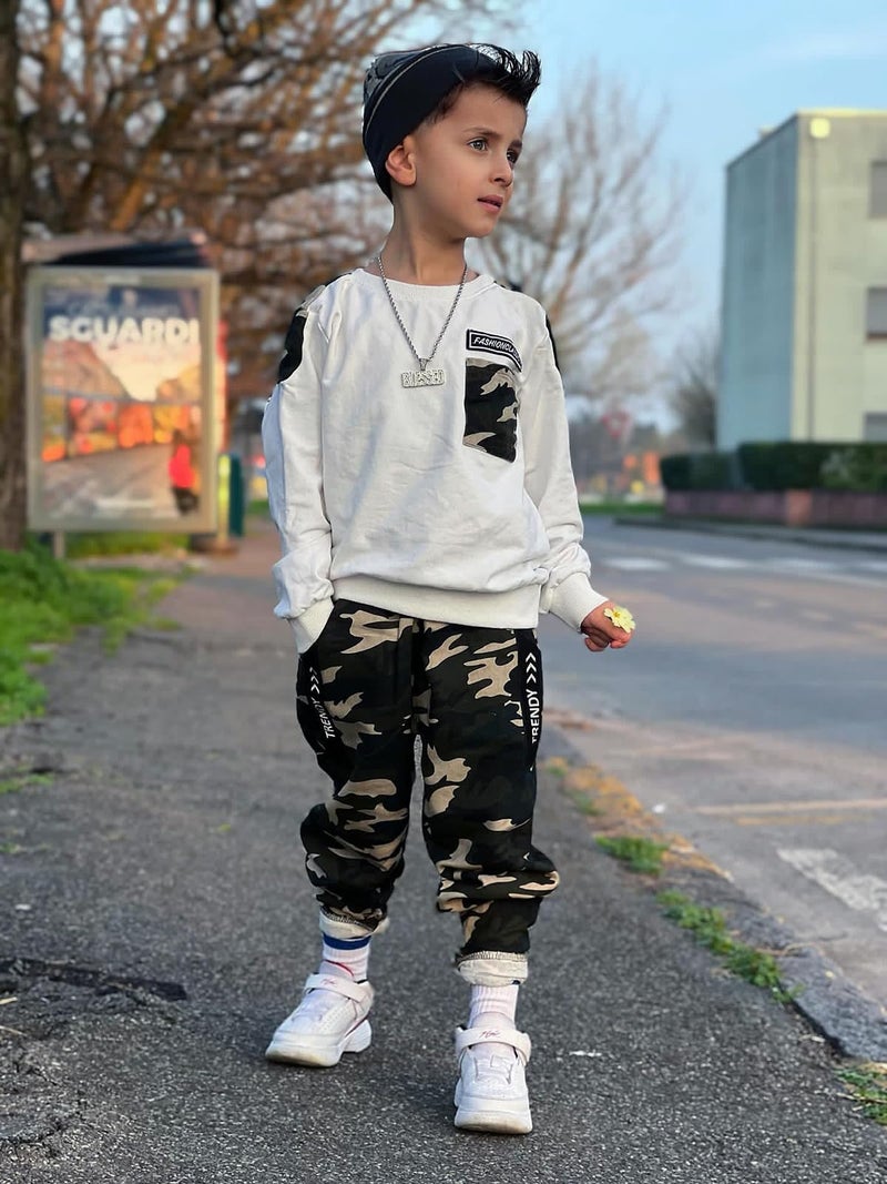 LOLANTA Boys Clothes Casual Camouflage 2 Piece Outfits Kids Long Sleeve Sweatshirt Pants Sets Tracksuit(01#White,6-7) - Image 2