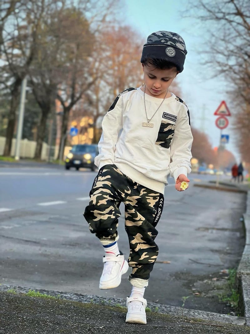 LOLANTA Boys Clothes Casual Camouflage 2 Piece Outfits Kids Long Sleeve Sweatshirt Pants Sets Tracksuit(01#White,6-7) - Image 3