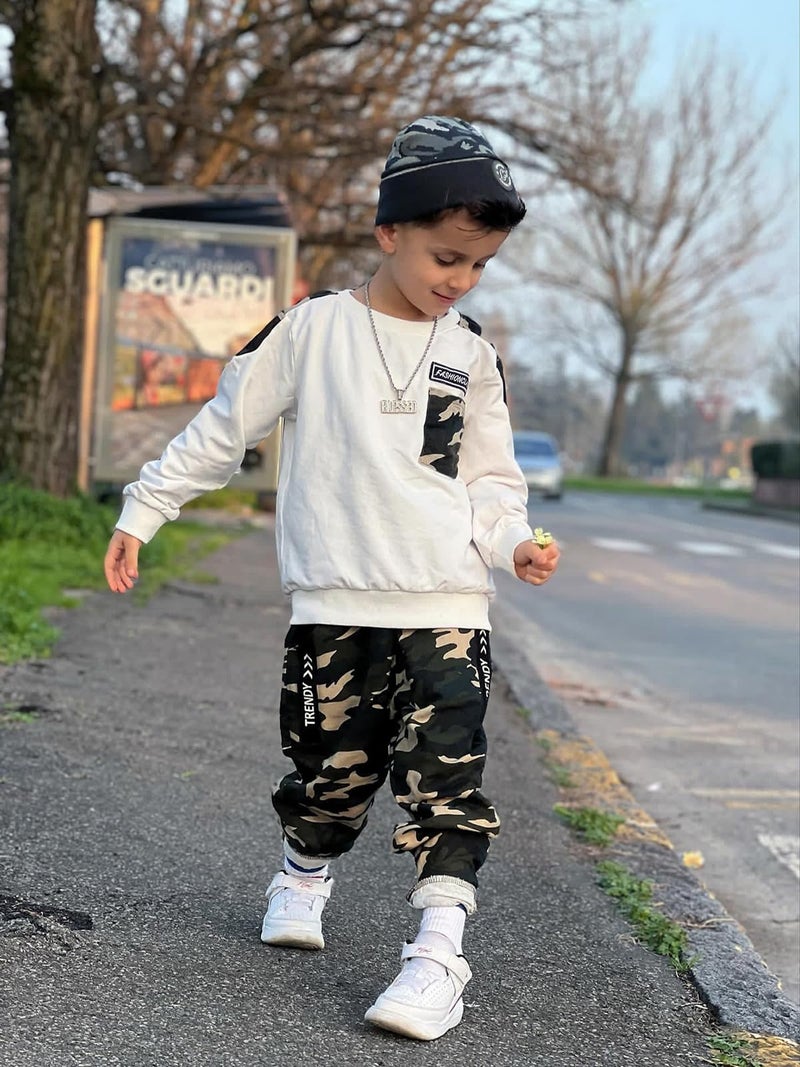 LOLANTA Boys Clothes Casual Camouflage 2 Piece Outfits Kids Long Sleeve Sweatshirt Pants Sets Tracksuit(01#White,6-7) - Image 4