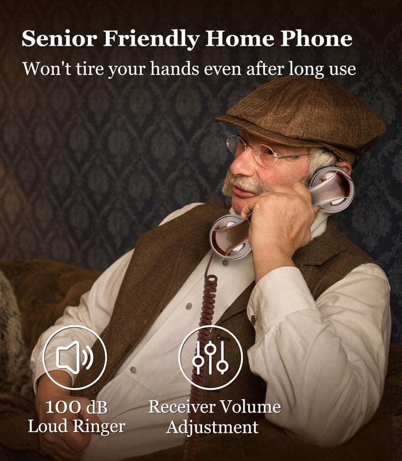 Sangyn Corded Phone Vintage Wood Grain Wall Phone, No AC Power Required, 3 Speed Dial Keys, Big Buttons, Loud Mechanical Ringer, Volume Control, Redial, Mute, Flash, Landline Phone for Home House - Image 5