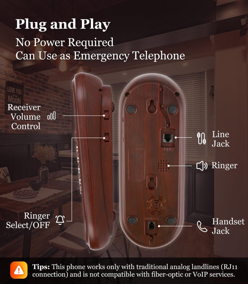 Sangyn Corded Phone Vintage Wood Grain Wall Phone, No AC Power Required, 3 Speed Dial Keys, Big Buttons, Loud Mechanical Ringer, Volume Control, Redial, Mute, Flash, Landline Phone for Home House - Image 4