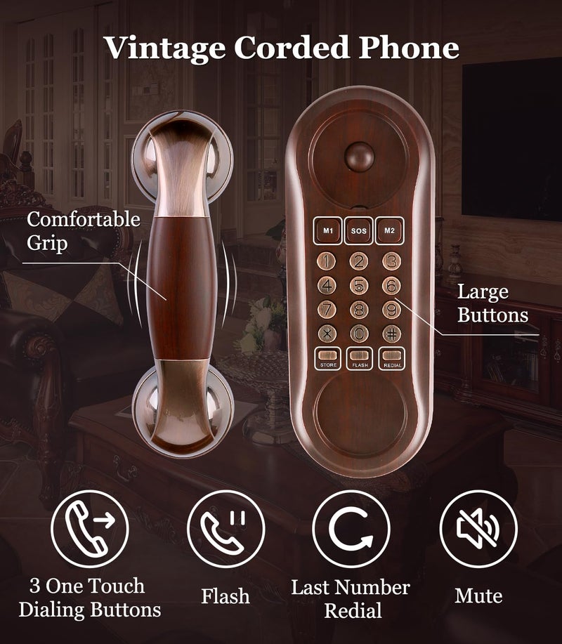 Sangyn Corded Phone Vintage Wood Grain Wall Phone, No AC Power Required, 3 Speed Dial Keys, Big Buttons, Loud Mechanical Ringer, Volume Control, Redial, Mute, Flash, Landline Phone for Home House - Image 3