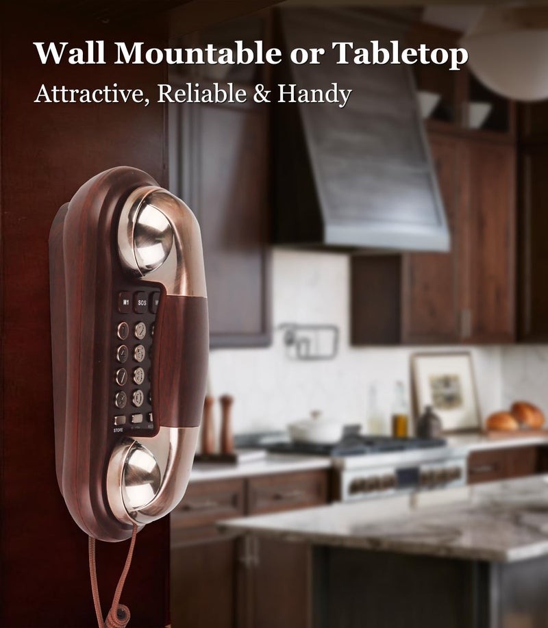 Sangyn Corded Phone Vintage Wood Grain Wall Phone, No AC Power Required, 3 Speed Dial Keys, Big Buttons, Loud Mechanical Ringer, Volume Control, Redial, Mute, Flash, Landline Phone for Home House - Image 2