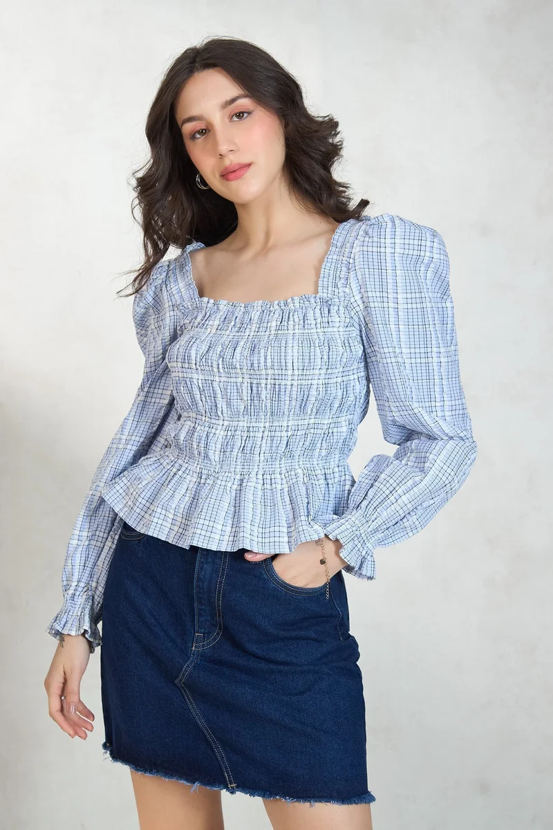 Virgio VIRGIO 100% Cotton Blue Peplum Top With Smocked Bodice