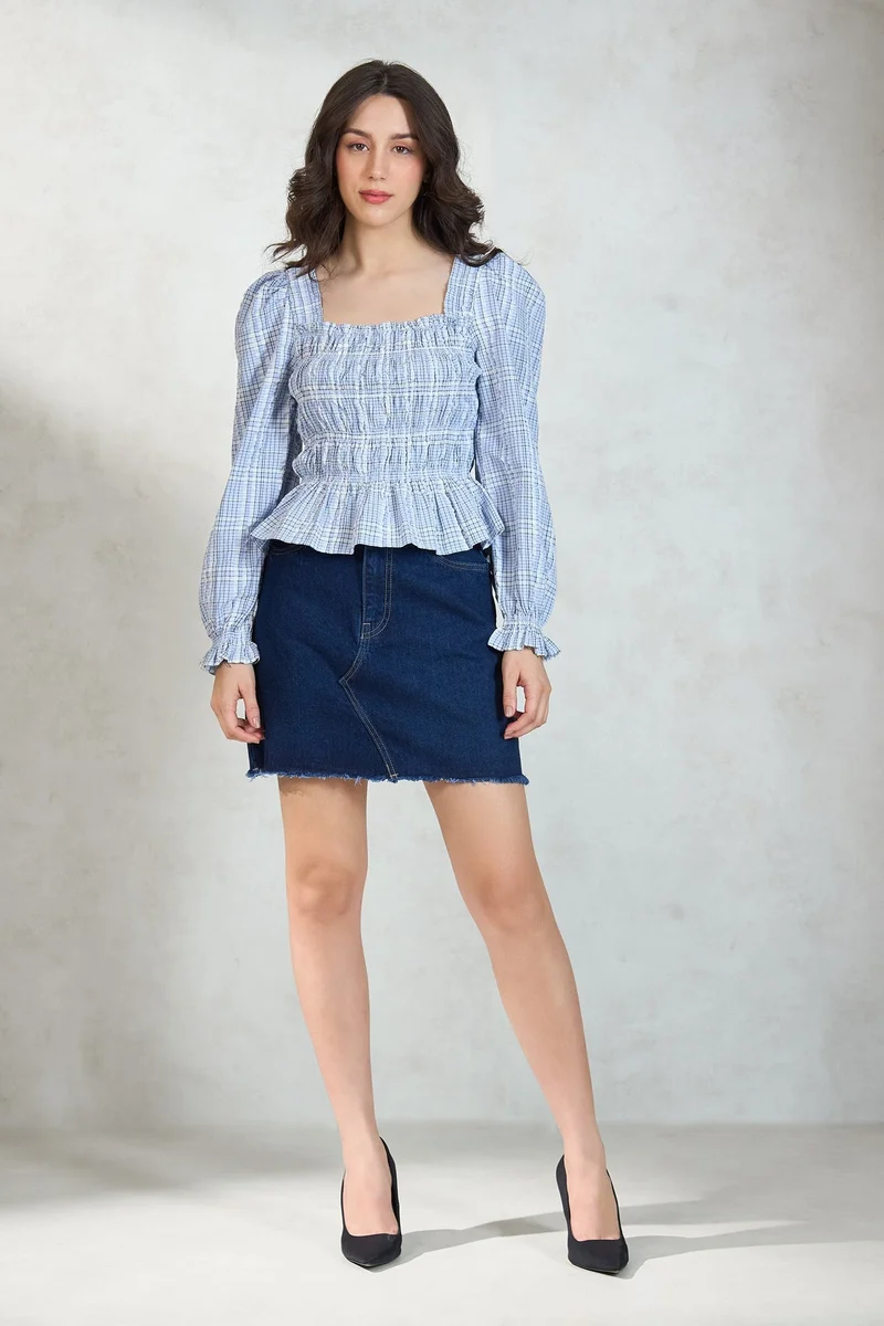 Virgio VIRGIO 100% Cotton Blue Peplum Top With Smocked Bodice