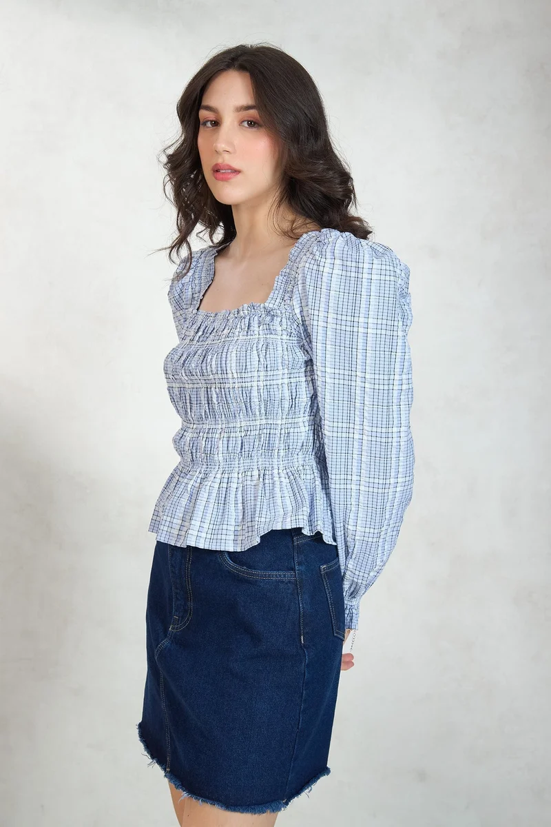 Virgio VIRGIO 100% Cotton Blue Peplum Top With Smocked Bodice