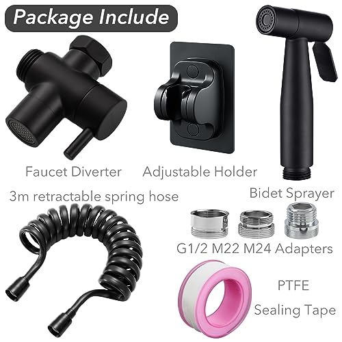 Roscid Sink Faucet Sprayer Set, Handheld Bidet Sprayer for Toilet, Metal Sprayer, with M22 M24 G1/2 Adapters and 3m Hose for Kitchen Sink, Bathroom or Toilet, Matte Black. (Faucet Not Included) - Image 3