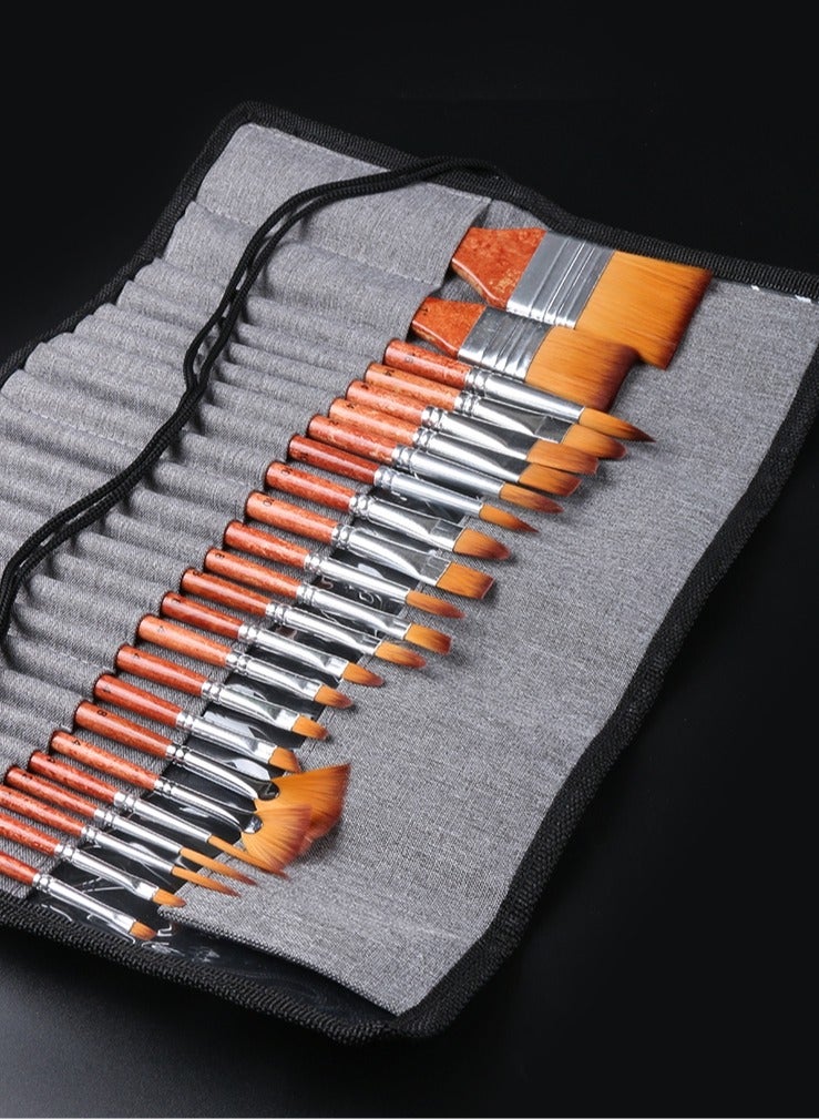 NOVOLAN Paint Brush Set Artist Paint Brush Acrylic Oil Watercolor Detail Paint, Nylon Hair Brush Set Orange Rod Cloth Bag Oil Brush Gouache Watercolor Brush Pearl Chrome Copper Tube Wooden Pole 25 Pcs - Image 1