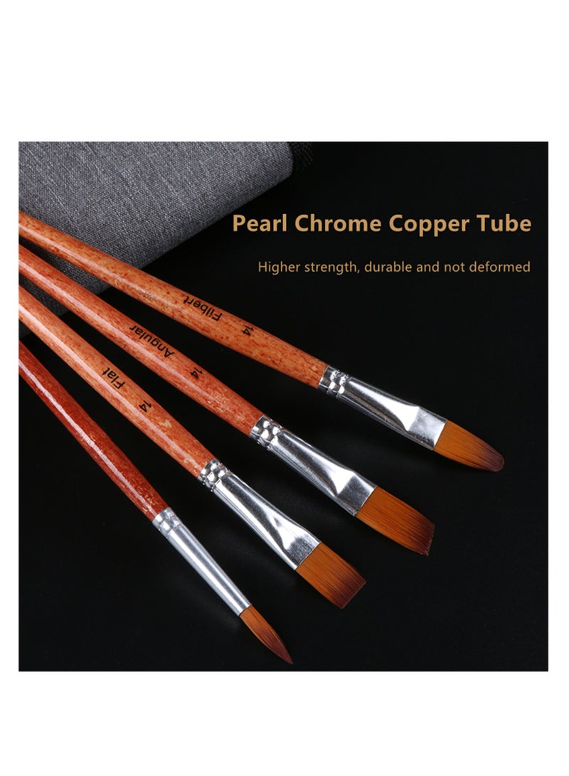 NOVOLAN Paint Brush Set Artist Paint Brush Acrylic Oil Watercolor Detail Paint, Nylon Hair Brush Set Orange Rod Cloth Bag Oil Brush Gouache Watercolor Brush Pearl Chrome Copper Tube Wooden Pole 25 Pcs - Image 4