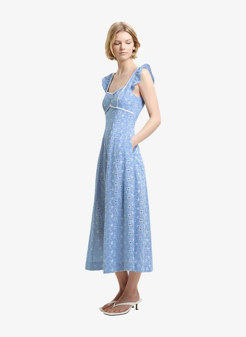فرنش كونكشن Women's Chambray Blue Tamara Broderie Midi Dress