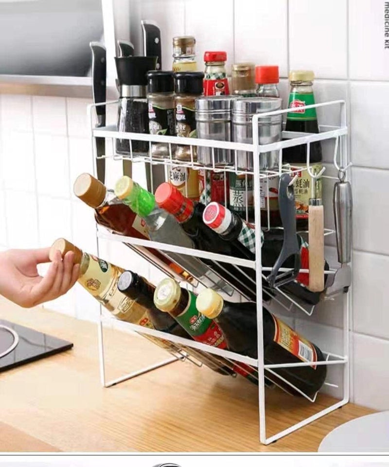IKTU 3-Tier Seasoning Organizer Storage Shelf Counter Kitchen Rack Organizer for Large/Small Spice Jars Condiment Can Sauce Bottle with 2 Hooks (White) - Image 1