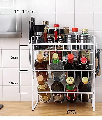 IKTU 3-Tier Seasoning Organizer Storage Shelf Counter Kitchen Rack Organizer for Large/Small Spice Jars Condiment Can Sauce Bottle with 2 Hooks (White) - Image 2