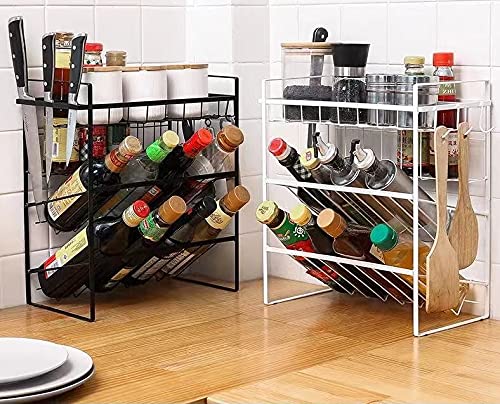 IKTU 3-Tier Seasoning Organizer Storage Shelf Counter Kitchen Rack Organizer for Large/Small Spice Jars Condiment Can Sauce Bottle with 2 Hooks (White) - Image 3
