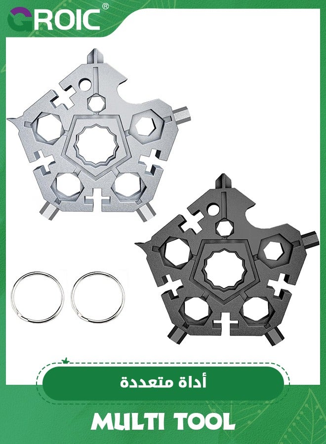 GROIC 2PCS 23-in-1 Portable Carbon Steel Snowflake Multi Tool with Key Ring,Hand Tool Portable,Bottle Opener,Flat Phillips Screwdriver,Wrench Kit for Adventure Camping Travel Tool (Black+Silver) - Image 1