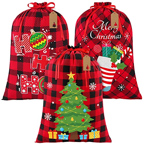 Aneco 3 Pieces Christmas Drawstring Gift Bag Buffalo Plaid Fabric Bag with Drawstring Reusable Gift Wrapping Bags with 24 Kraft Paper Tags and Rope for Christmas Party Supplies 177 x 236 Inches - Image 1