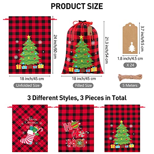 Aneco 3 Pieces Christmas Drawstring Gift Bag Buffalo Plaid Fabric Bag with Drawstring Reusable Gift Wrapping Bags with 24 Kraft Paper Tags and Rope for Christmas Party Supplies 177 x 236 Inches - Image 3