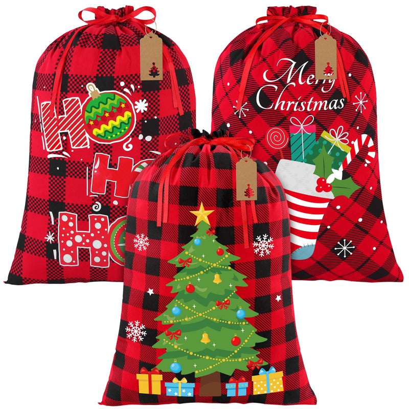Aneco 3 Pieces Christmas Drawstring Gift Bag Buffalo Plaid Fabric Bag with Drawstring Reusable Gift Wrapping Bags with 24 Kraft Paper Tags and Rope for Christmas Party Supplies 177 x 236 Inches - Image 2
