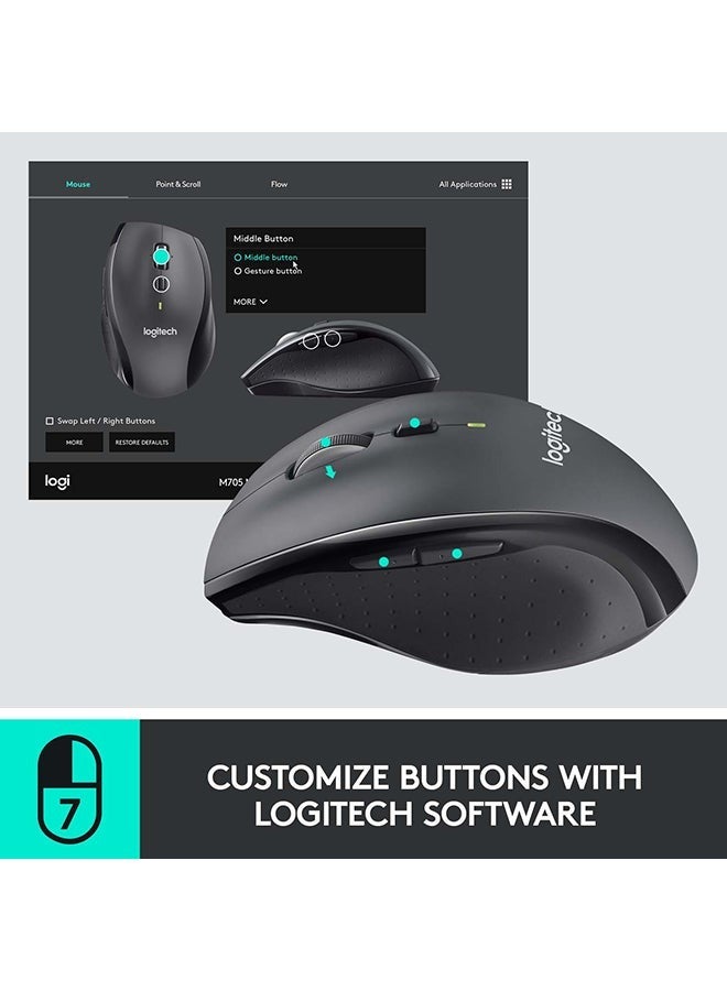 Logitech M705 Marathon Wireless Mouse, 2.4 GHz With USB Unifying Mini-Receiver, 1000 DPI Laser Grade Tracking, 7-Buttons, Extra Thumb Buttons, 3-Year Battery Life, PC / Mac / Laptop Black  - Image 5