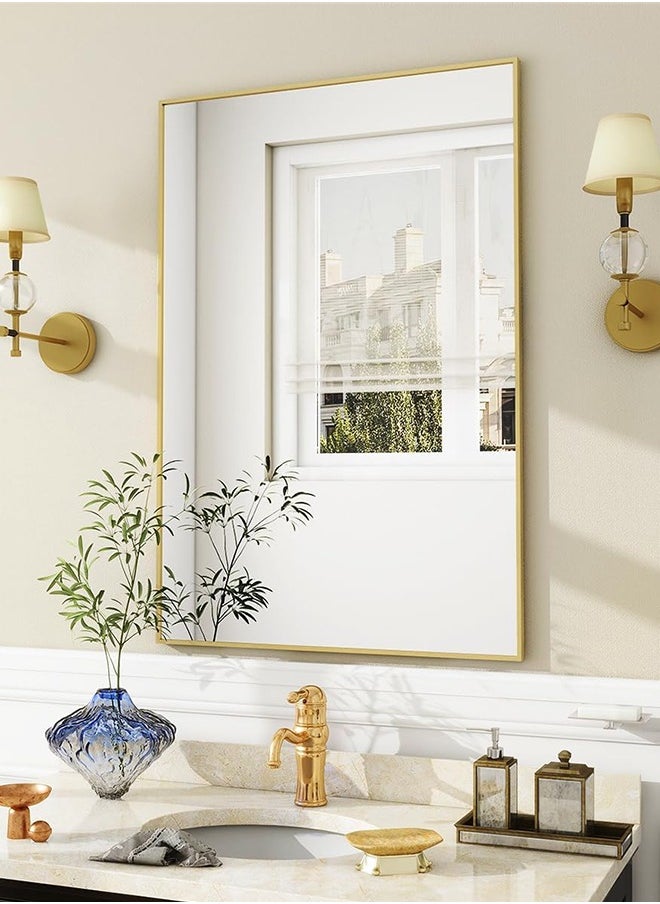 ماركة غير محددة مرايا حائط مستطيلة مقاس 60 × 90 مع إطار معدني، مرايا معلقة لغرفة المعيشة وغرفة النوم ومدخل الحمام، يتم تعليقها أفقيًا أو رأسيًا، ذهبية  - Image 3