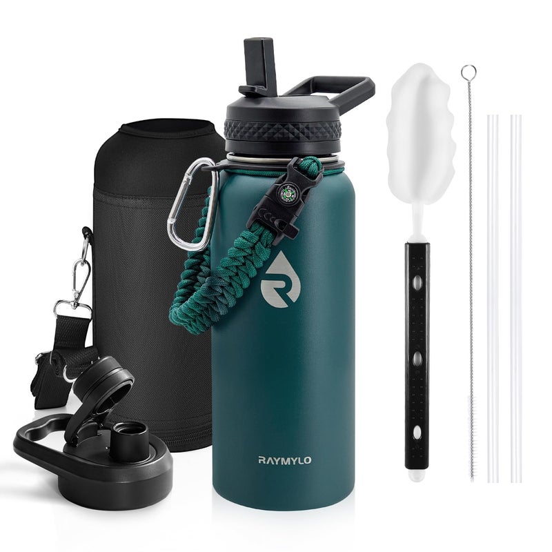RAYMYLO Insulated Water Bottle 32 oz Triple Wall Vacuum Stainless Steel Cold for 24Hrs Hot for 12Hrs Leak Proof NonBPA Modern Water Flask Jug with Paracord Handle Straw Spout Lids - Image 2