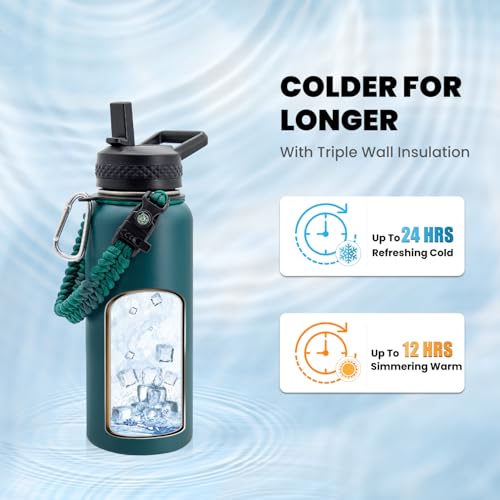 RAYMYLO Insulated Water Bottle 32 oz Triple Wall Vacuum Stainless Steel Cold for 24Hrs Hot for 12Hrs Leak Proof NonBPA Modern Water Flask Jug with Paracord Handle Straw Spout Lids - Image 3