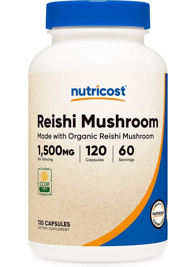 Nutricost Organic Reishi Mushroom Capsules 1500Mg, 60 Servings - Certified Ccof Organic, Vegan, Gluten Free, 750Mg Per Capsule, 120 Capsules - Image 1