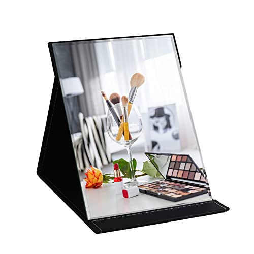 ZBEIVAN 12x9 Inches Extra Large Portable Folding Makeup Mirror, Frameless PU Leather Vanity Mirror with Stand for Desk Table Camping Travel Personal, Black - Image 1
