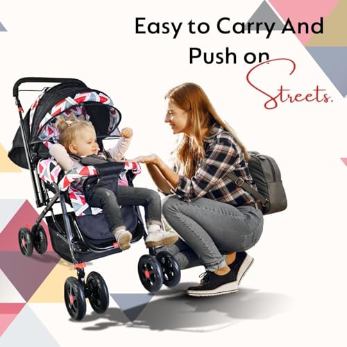KIDBITKART Jumbo Baby Stroller Pram for 0-3 Years 5 Point Safety Harness,360° Swivel Wheel Stroller (Red) - Image 5