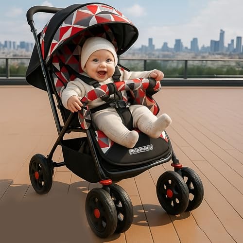 KIDBITKART Jumbo Baby Stroller Pram for 0-3 Years 5 Point Safety Harness,360° Swivel Wheel Stroller (Red) - Image 1