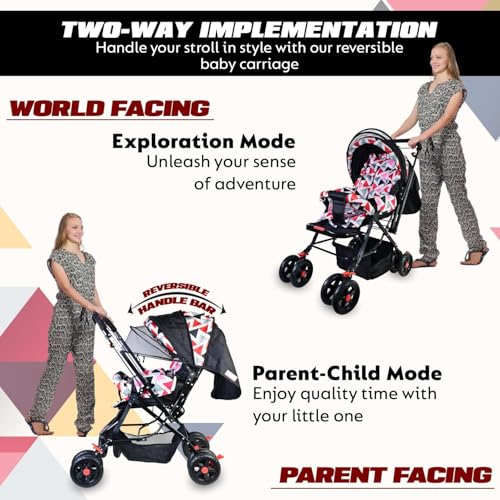 KIDBITKART Jumbo Baby Stroller Pram for 0-3 Years 5 Point Safety Harness,360° Swivel Wheel Stroller (Red) - Image 2