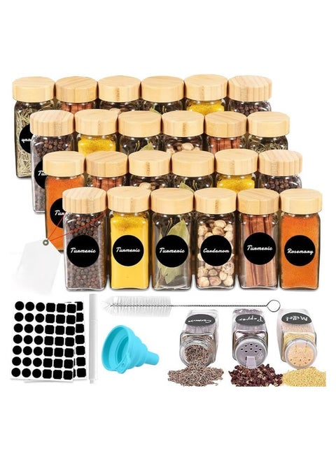 Glass Spice Jar Set with Labels and Bamboo Lids with Collapsible Funnel, Pens and Spoons Storage Canisters for Spice Racks, Cabinets and Drawers 120ml 24 Jars