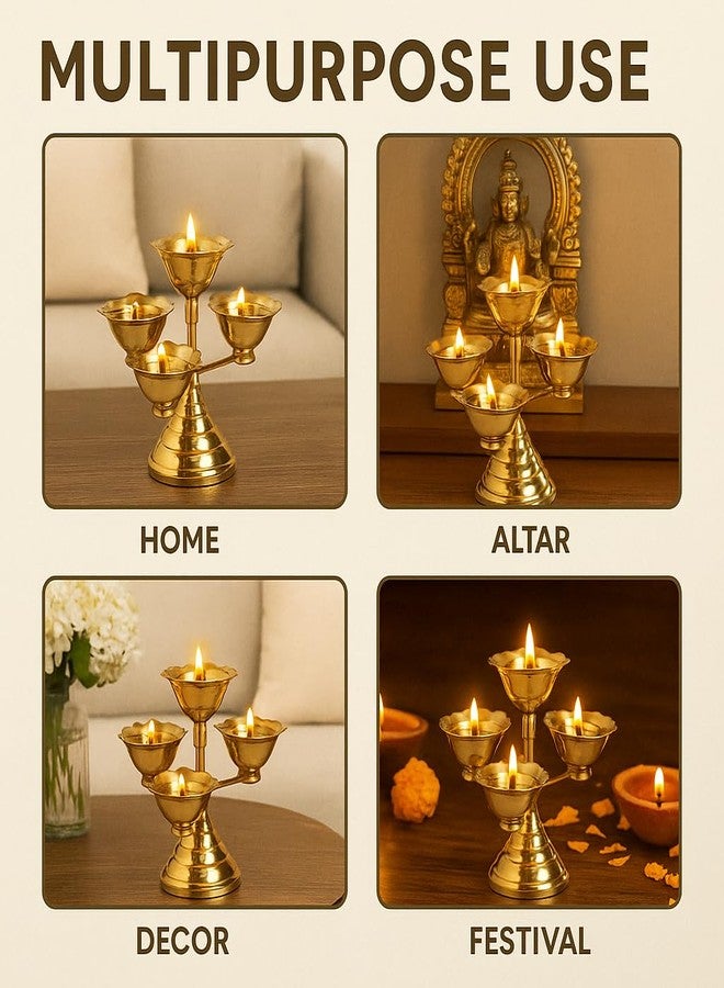 Pure Source India Pure Brass 5 Faced Ethnic Panchadeep | Bhadradeepam /Lamp/Akhand Diya for Mandir, Pooja Room,Diwali Gift Decorative Item for Home Decor (8 INCH. Gold 1PCS ) 400 GM - Image 2
