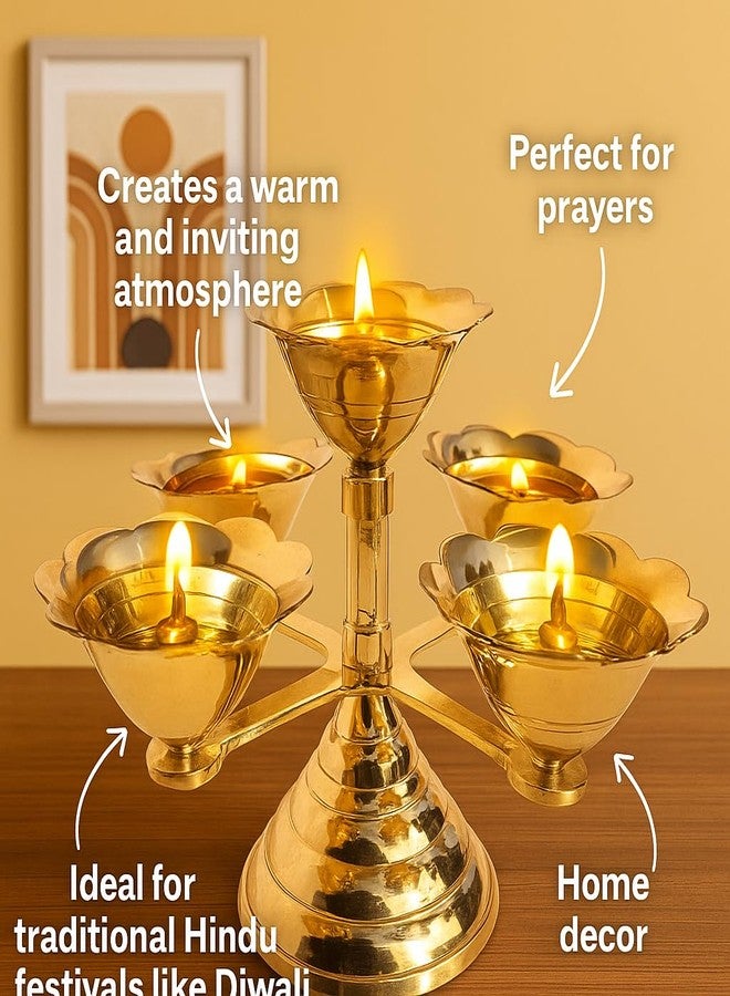 Pure Source India Pure Brass 5 Faced Ethnic Panchadeep | Bhadradeepam /Lamp/Akhand Diya for Mandir, Pooja Room,Diwali Gift Decorative Item for Home Decor (8 INCH. Gold 1PCS ) 400 GM - Image 5