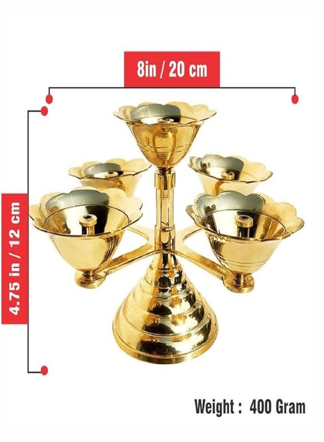 Pure Source India Pure Brass 5 Faced Ethnic Panchadeep | Bhadradeepam /Lamp/Akhand Diya for Mandir, Pooja Room,Diwali Gift Decorative Item for Home Decor (8 INCH. Gold 1PCS ) 400 GM - Image 3