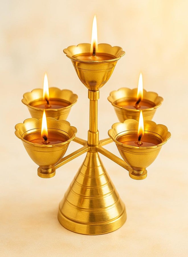 Pure Source India Pure Brass 5 Faced Ethnic Panchadeep | Bhadradeepam /Lamp/Akhand Diya for Mandir, Pooja Room,Diwali Gift Decorative Item for Home Decor (8 INCH. Gold 1PCS ) 400 GM - Image 1