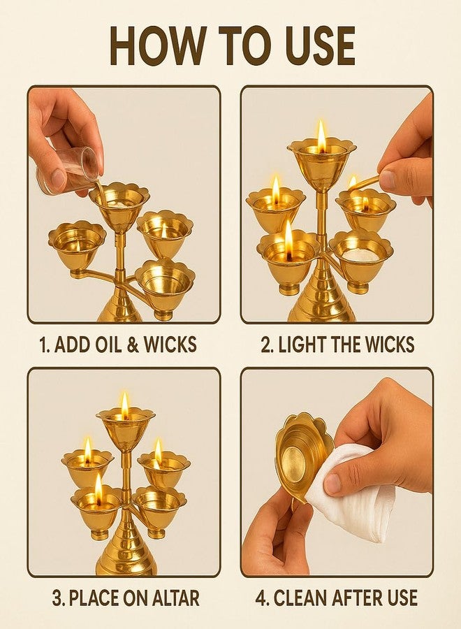 Pure Source India Pure Brass 5 Faced Ethnic Panchadeep | Bhadradeepam /Lamp/Akhand Diya for Mandir, Pooja Room,Diwali Gift Decorative Item for Home Decor (8 INCH. Gold 1PCS ) 400 GM - Image 4