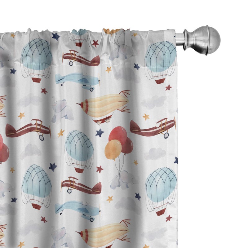 Lunarable Plane Window Curtains Hot Air Balloon Stars Flying Lightweight Decor 2Panel Set with Rod Pocket Pair of 28 x 63 White Multicolor