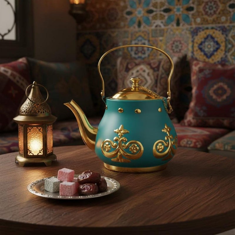 إبريق تركي عام بتصميم منقوش، إبريق من النوع العربي، زينة عرض، أدوات مائدة، مجموعة، أزرق الطاووس وذهبي، 1.1 لتر - 2 لتر - Image 4