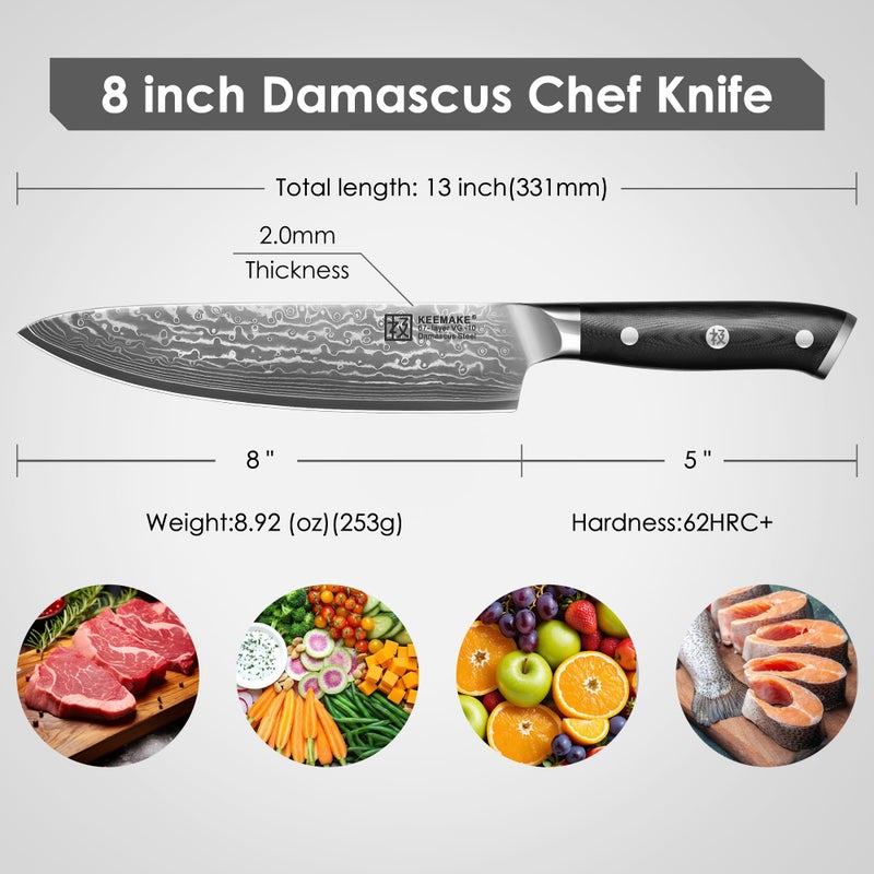 KEEMAKE Damascus Chef Knife, 8 Inch Kitchen Knife, 67 Layers Damascus Knife Professional Kitchen Knives with Japanese VG10 Core, Sharp Chefs Knives with Ergonomic G10 Handle - Image 2