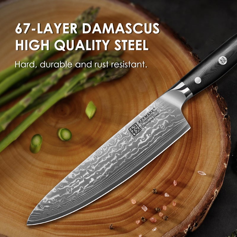 KEEMAKE Damascus Chef Knife, 8 Inch Kitchen Knife, 67 Layers Damascus Knife Professional Kitchen Knives with Japanese VG10 Core, Sharp Chefs Knives with Ergonomic G10 Handle - Image 4