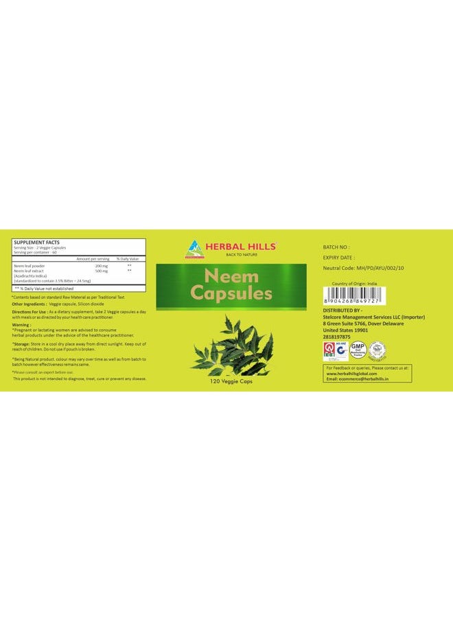 HERBAL HILLS Neem Capsules 120 Vegie Capsules Neem Leaf Azadirachta Indica 700 mg Powder and Extract Blend in a Capsule  - Image 5