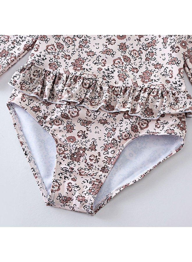 Shu Beiyi Shubeyi Children's Swimsuit, Girls' Long-sleeve Baby One-piece Triangle Swimwear, Beach Hot Spring Swimming Costume, 3-6 Years Old, Floral Pattern, Size 90 - Image 2