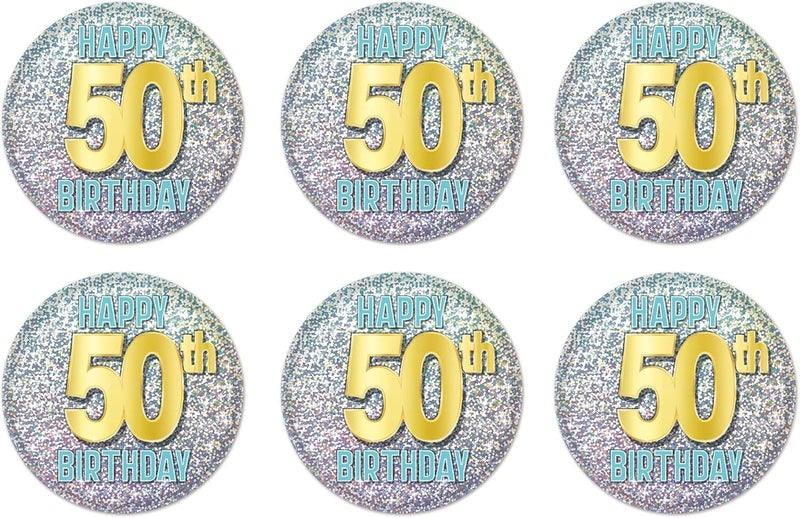 Beistle 6 Piece Prismatic Happy 50th Birthday Party Favors Pinback Buttons Over The Hill Decorations BlueGoldSilver 2 - Image 1